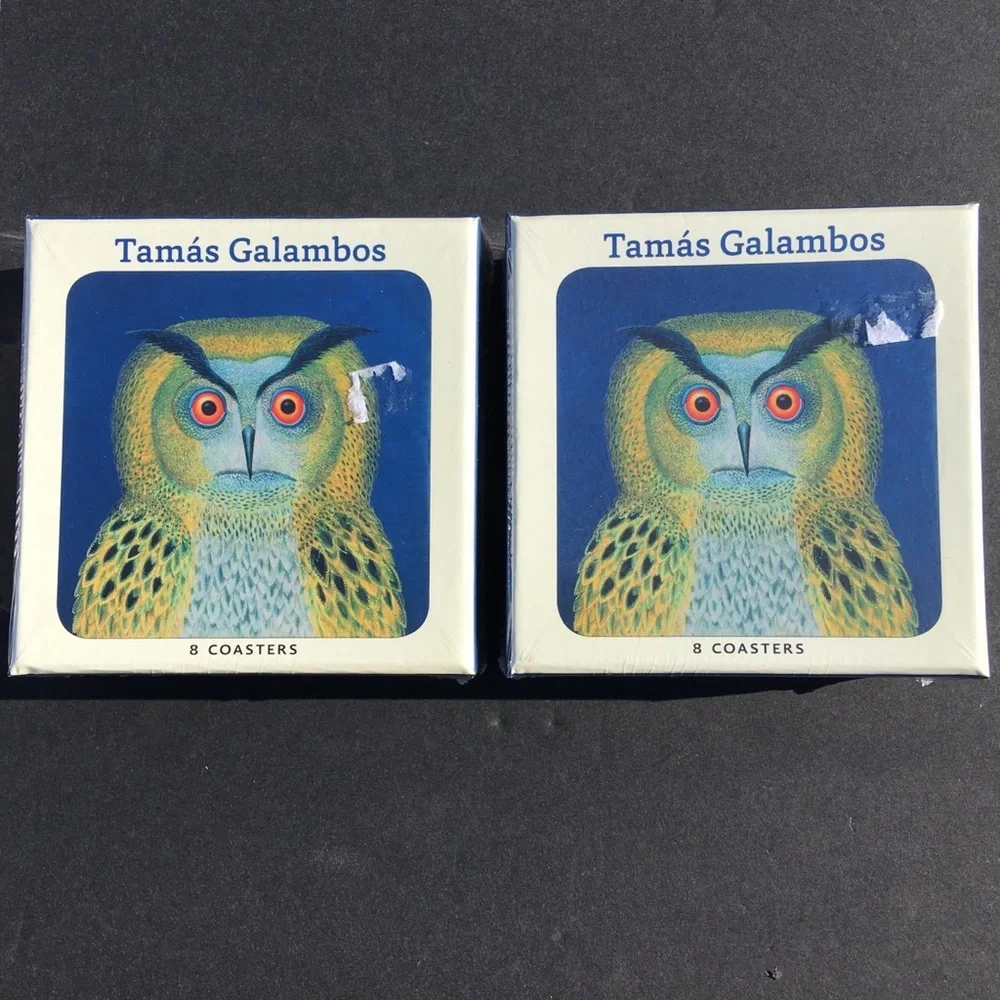 Owl Coasters Tamás Galambos Pomegranate 2 Boxes 16 Coasters Total New